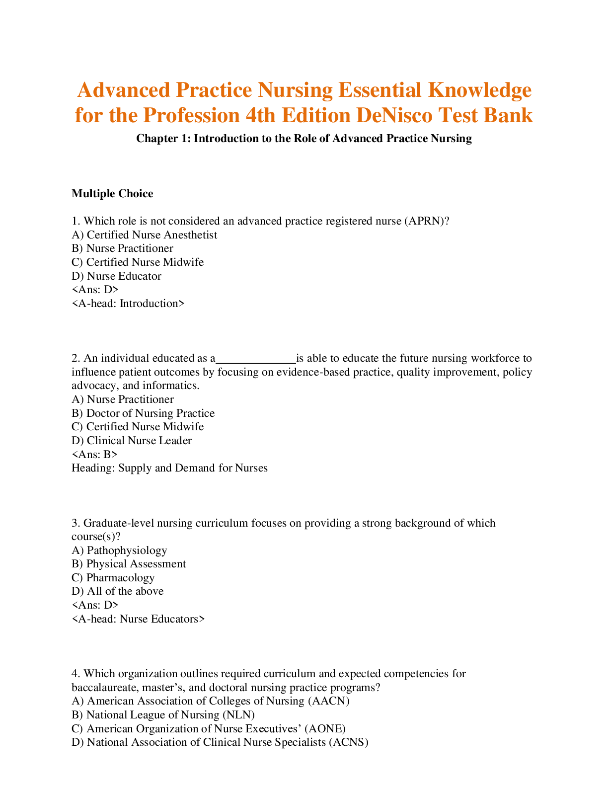 Preview of Test Bank Advanced Practice Nursing Essential Knowledge for the Profession 4th Edition DeN